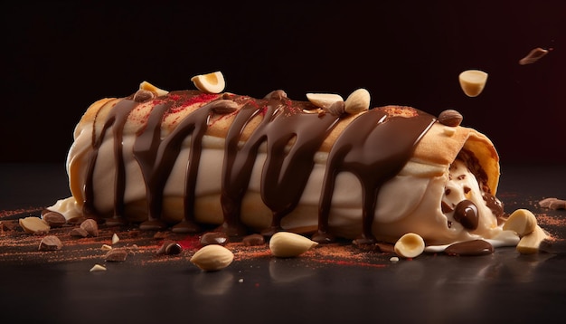 Un postre de chocolate decadente con crema batida y fruta fresca generado por inteligencia artificial