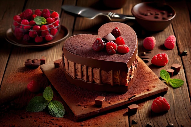 Postre de chocolate deliciosos pasteles con decoración de bayas rojas tiramisú en forma de corazón