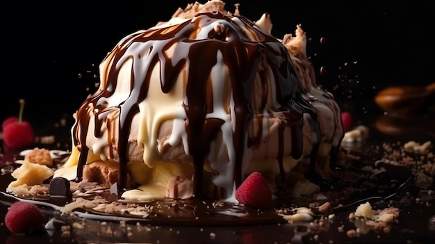 Un postre con chocolate y helado de vainilla encima