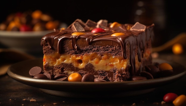 Postre de chocolate indulgente en una mesa rústica de madera generada por IA