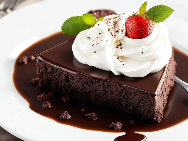 Postre de chocolate indulgente en un plato con crema batida generado