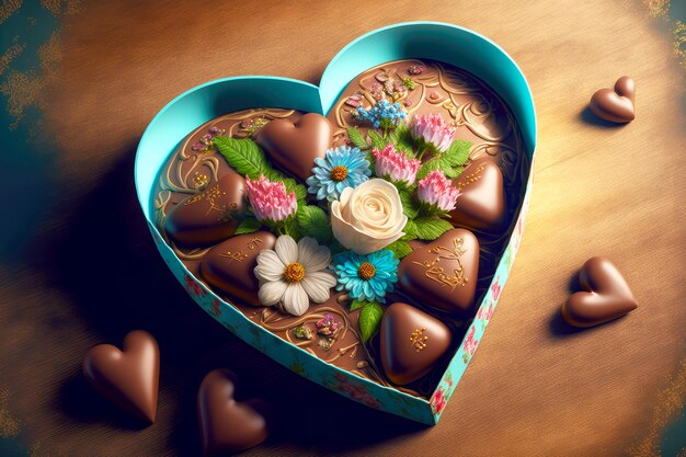 Postre con chocolate con leche y flores en caja de dulces en forma de corazón