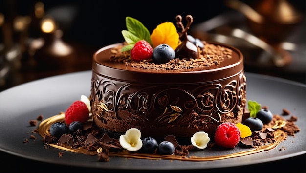 un postre de chocolate perfecto bellamente decorado con intrincados