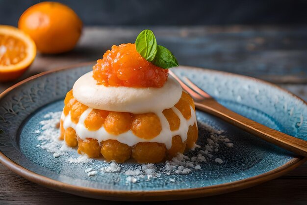 Foto un postre con crema y fruta encima