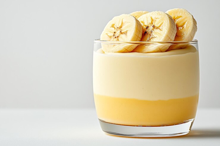 Postre de crema de plátano en una taza de vidrio