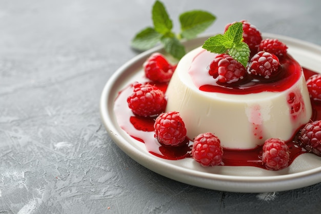 Postre cremoso de Panna Cotta con frambuesa Coulis Bayas frescas y hojas de menta en plato blanco