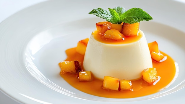 postre cremoso de panna cotta con fruta fresca y hojas de menta