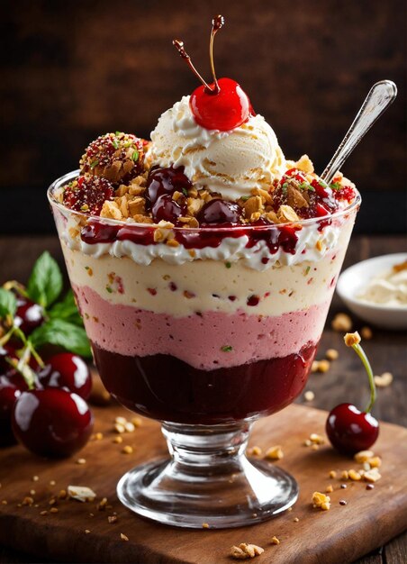 un postre con una cuchara en él se sienta en una mesa al lado de un plato de fruta