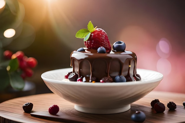 Un postre con una cucharada de helado de vainilla y bayas se sienta en un plato