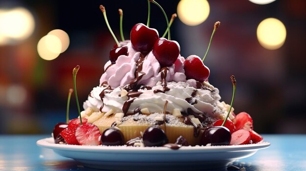 Postre decadente con crema batida y cerezas en un fondo borroso