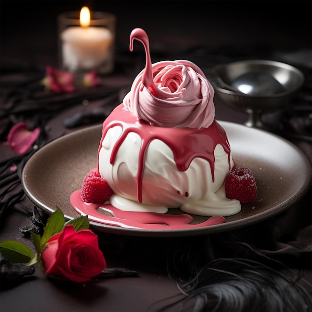 Postre con decoración de rosas