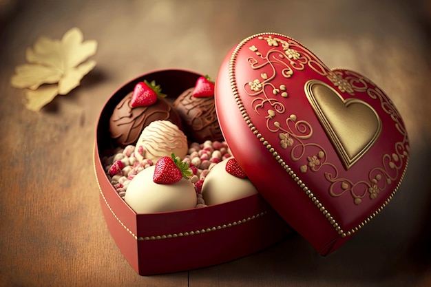 Postre dulce con decoración en forma de caja de dulces en forma de corazón rojo