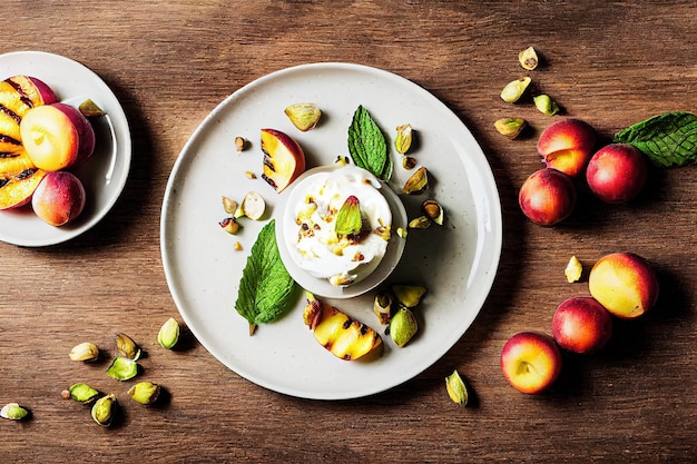 Postre dulce y delicioso con nectarinas fritas y yogur decorado con hojas de menta y pistachos ilustración 3d