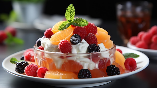 Postre dulce de fruta en el plato sobre fondo blanco.