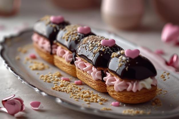 El postre de Eclair con pequeños corazones lindos