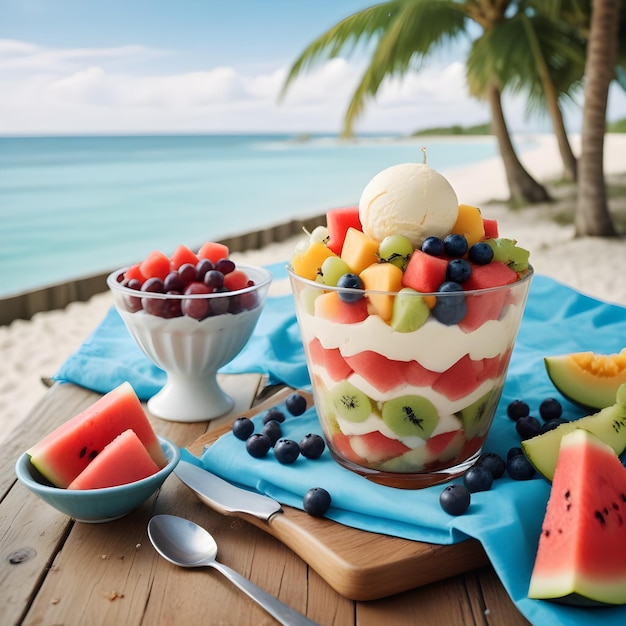 Foto postre de ensalada de frutas con helado en un plato de vidrio