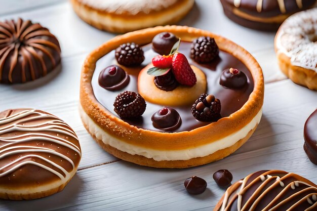 Un postre en forma de corazón con chocolate y frambuesas encima.