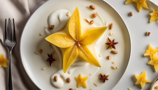 Foto un postre en forma de estrella con almendras y estrellas de mar