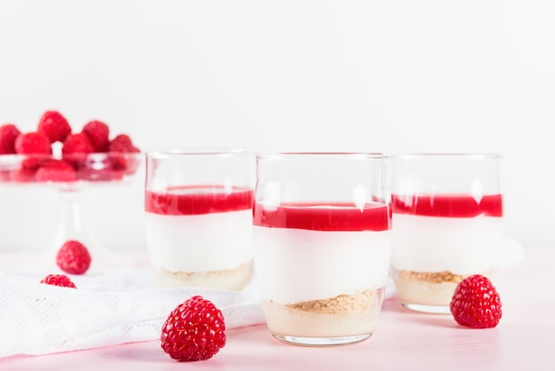 Postre de frambuesa de mousse de chocolate blanco batido y raspbe