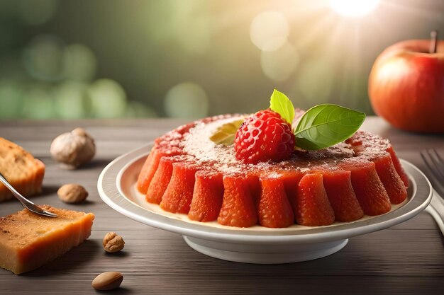 Un postre con una fresa encima y una almendra al lado.