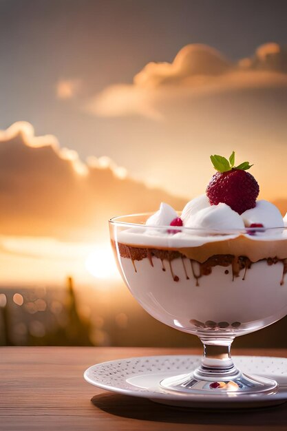 Un postre con una fresa encima