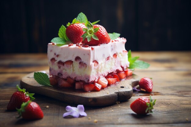 Postre de fresa en una mesa de madera rústica