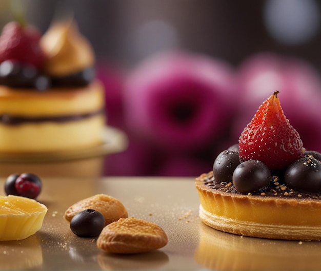 Foto un postre con una fresa y un postre de chocolate en la mesa