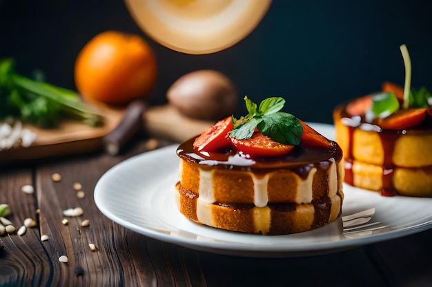 un postre con fresas en la parte superior y un plato con un pastel en él