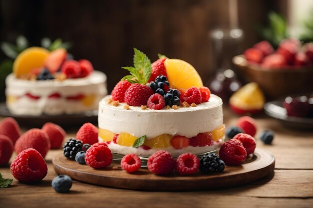 Postre de fruta fresca sobre una mesa de madera