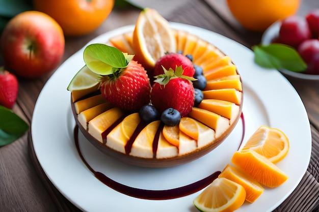 un postre de frutas con fresa y arándanos.