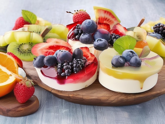 Foto postre de frutas frescas en una mesa de madera una celebración gourmet de la naturaleza