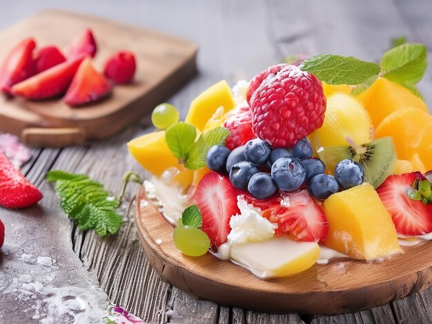 Postre de frutas frescas en una mesa de madera una celebración gourmet de la naturaleza