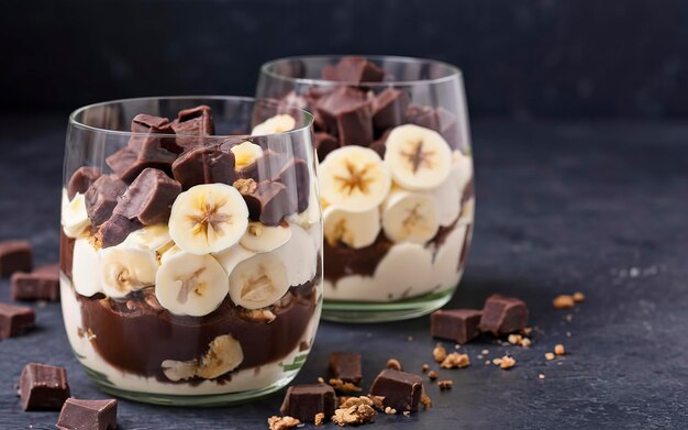 Un postre con galleta de chocolate de plátano y queso crema.