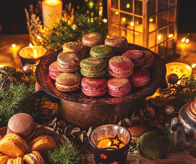 Postre gourmet de macarons franceses