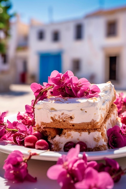 Postre griego Primer plano en un pueblo griego con buganvillas en flor IA generativa