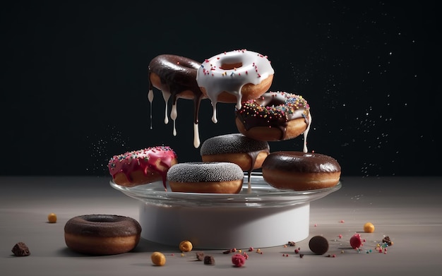 Postre helado de donuts de chocolate volando en el aire IA generativa