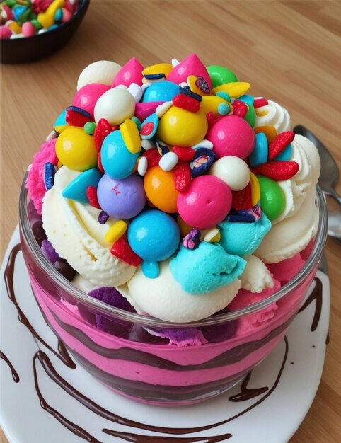Postre de helado con dulces de colores