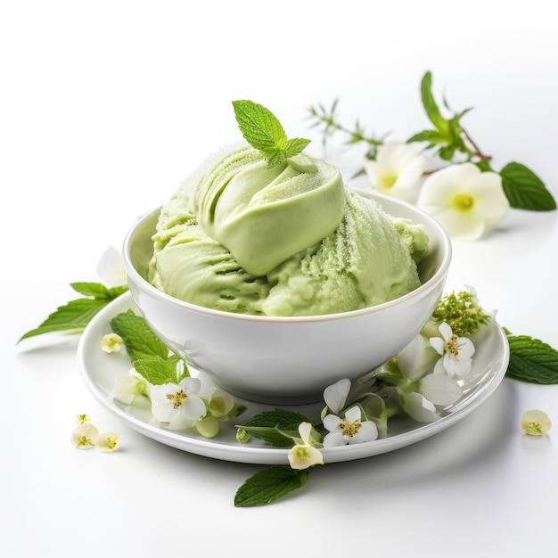 Postre helado de Matcha sobre fondo blanco.