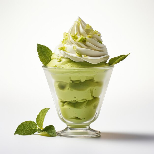 Foto postre helado de matcha sobre fondo blanco.