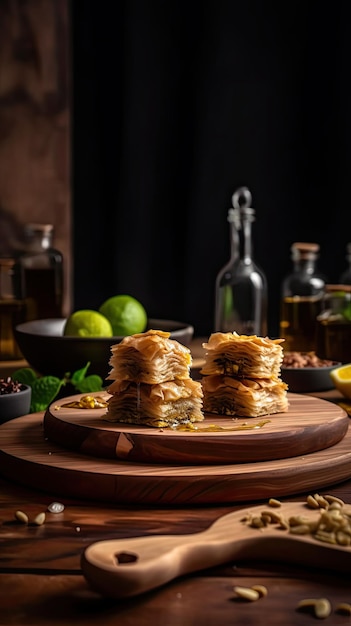 Postre de hojaldre en capas de baklava hecho de pasta filo relleno con nueces picadas