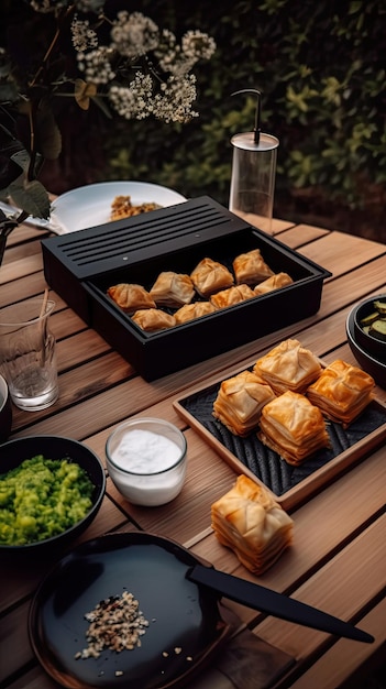 Postre de hojaldre en capas de baklava hecho de pasta filo relleno con nueces picadas