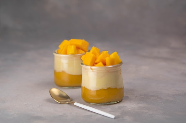 Postre italiano panna cotta con gelatina de mango y trozos de mango fresco