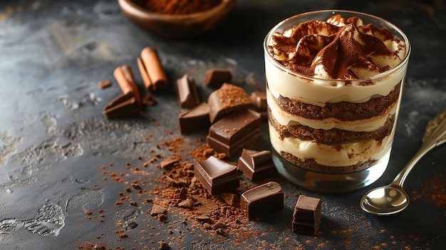 El postre italiano de tiramisu en un vaso