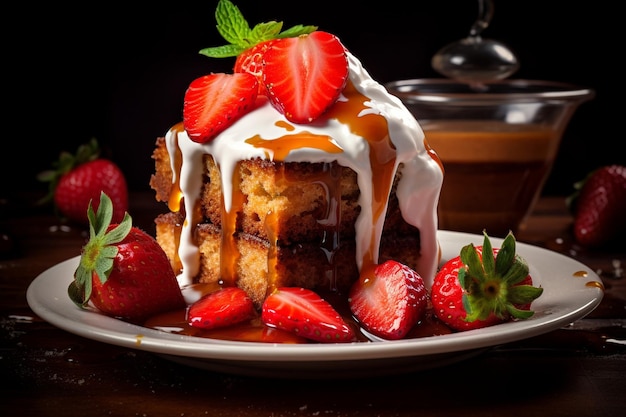 Foto postre con jarabe de frutas y fresa