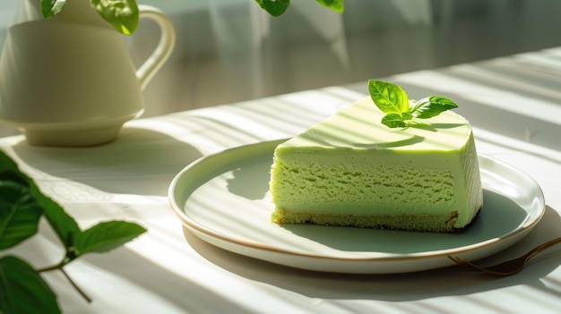 El postre de Loputyn y Matcha en la luz natural de color verde suave