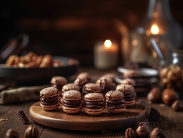 Postre de macarrones de chocolate casero sobre fondo de madera AI generativa