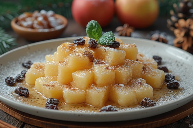 Postre de manzana caramelizada con pasas y azúcar en polvo en un plato