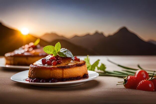 Foto un postre en una mesa con una puesta de sol detrás