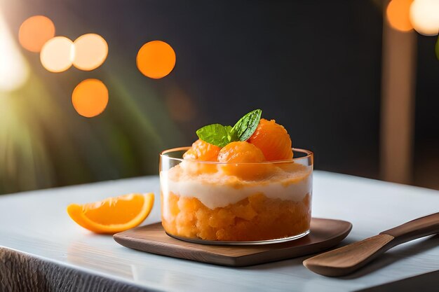 un postre con naranjas y crema en un plato