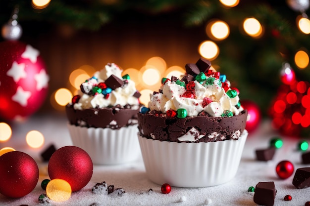 Un postre navideño con un árbol de navidad al fondo